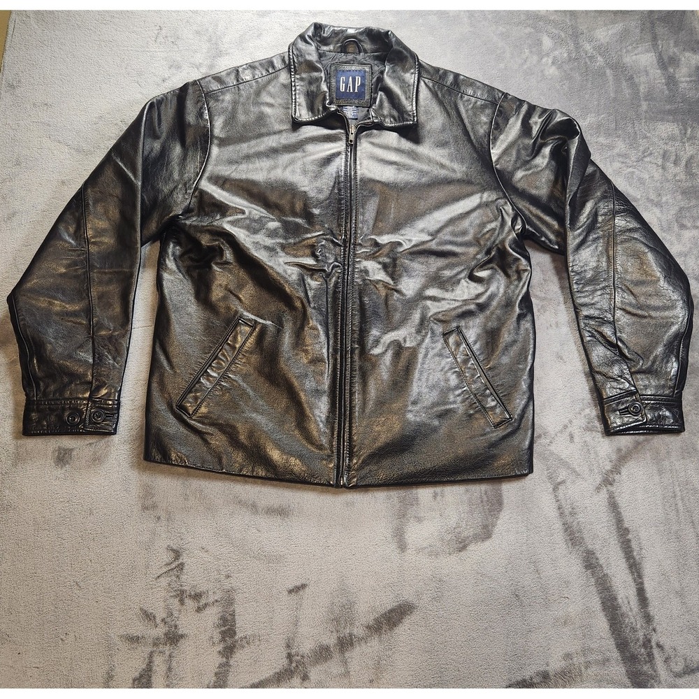 Gap Mens Jacket Large Black Leather Bomber 90s Y2K Vintage
